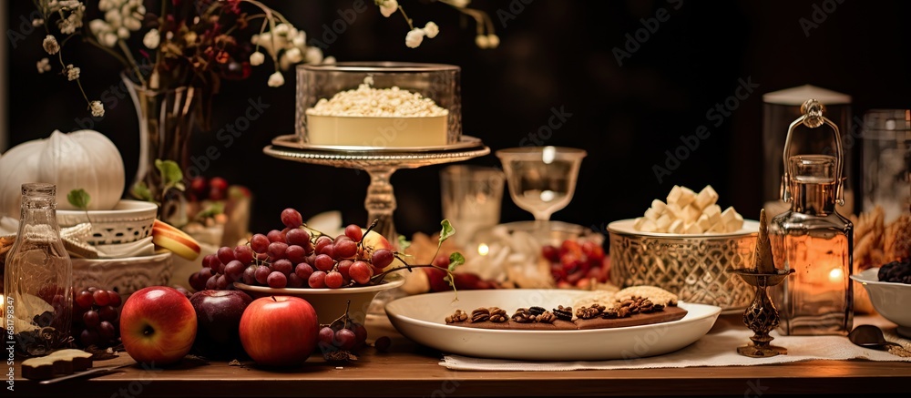 vintage-themed winter party, the background was adorned with a wooden frame decorated with white stars and autumn fruit, while guests savored Christmas food and sipped on warm tea or indulged in