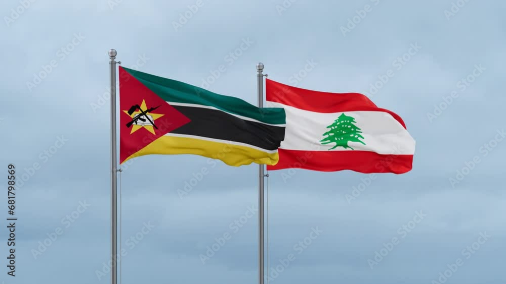 Lebanon flag and Mozambique flag waving together on cloudy sky, endless seamless loop, two country relations concept Lebanon flag and Mozambique flag waving together on cloudy sky, endless seamless loop, two country relations concept