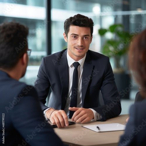 A businessman is discussing with men, wearing a sharp business suit, set against a high-end corporate meeting room. Business vibe
