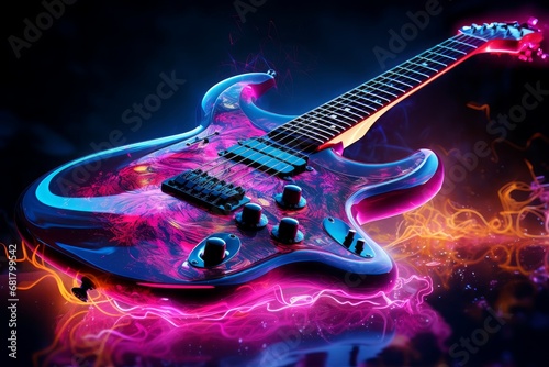 Vibrant Guitar neon. Sound string bar. Generate Ai