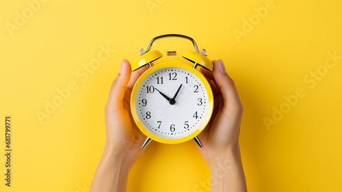 hand holding yellow alarm clock on yellow background