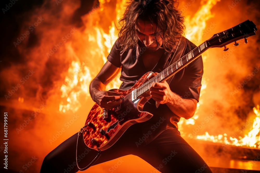 Electrifying Guitarist take on fire. Rock stage music. Generate Ai - obrazy, fototapety, plakaty 