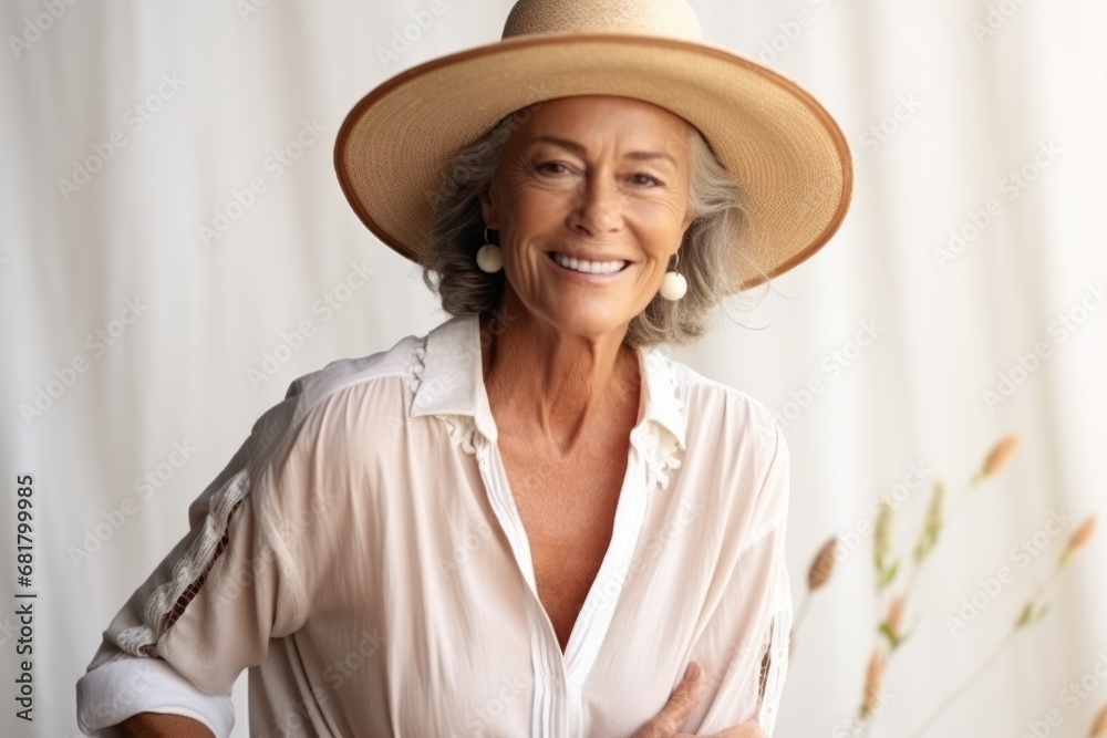 Portrait of happy senior woman in hat smiling at camera at home
