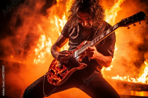 Electrifying Guitarist take on fire. Rock stage music. Generate Ai photo