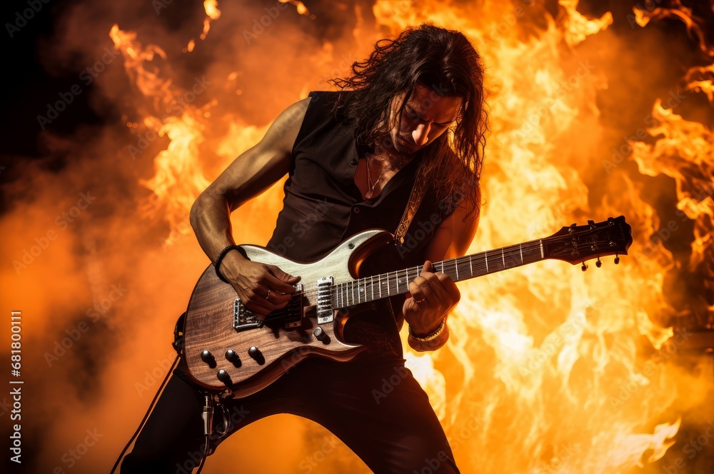 Obraz premium Blazing Guitarist take on fire. Rock stage music. Generate Ai