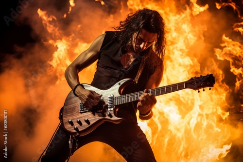 Blazing Guitarist take on fire. Rock stage music. Generate Ai