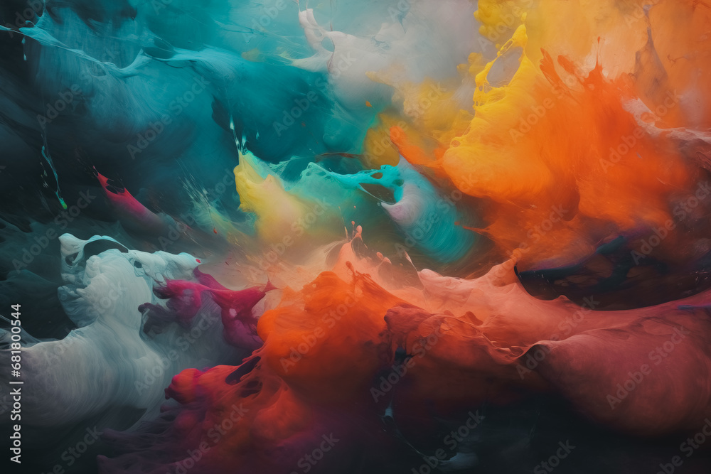 A mesmerizing blend of ink colors in water, with vivid orange, teal, yellow, and white creating an ethereal abstract effect.