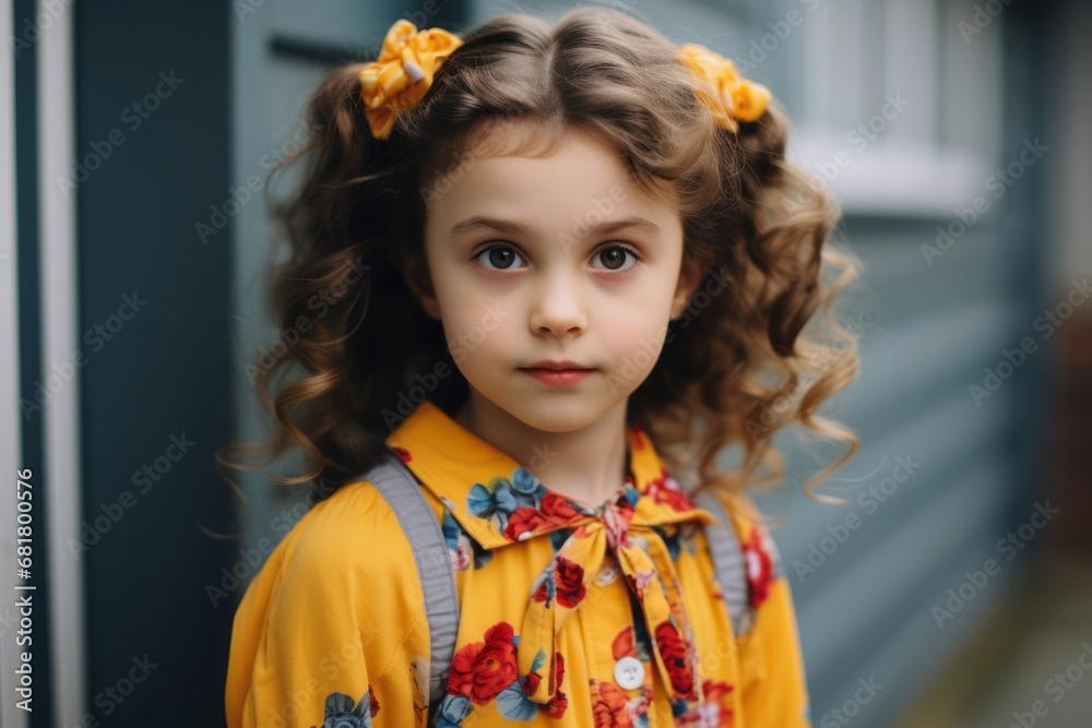 Portrait of a cute little girl with curly hair in a yellow coat. Portrait of a cute little girl with curly hair in a yellow coat.