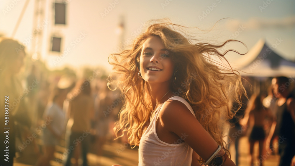 Naklejka premium happy young woman dancing on summer festival