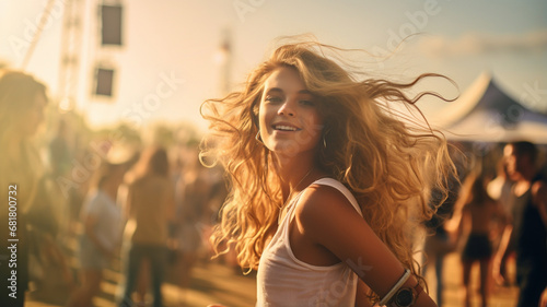happy young woman dancing on summer festival