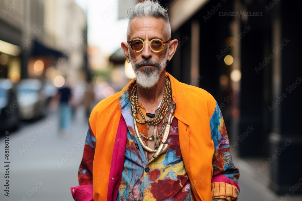 Mature handsome Indian man wearing colorful clothes and sunglasses in the city