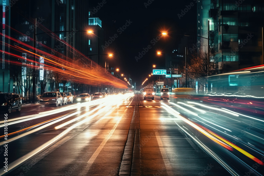 Vivid Headlight Trails Cars And Public Transport Passing By Wide Road In The City Center At Night Time, generative ai