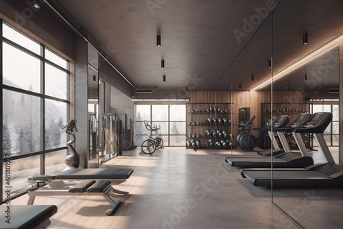 Interior Of Modern Light Gym With Equipments And Treadmills, generative ai