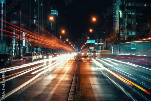 Vivid Headlight Trails Cars And Public Transport Passing By Wide Road In The City Center At Night Time, generative ai