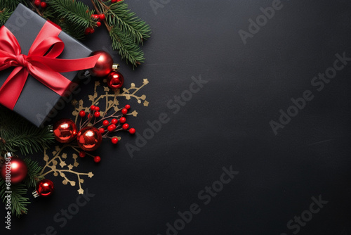 Christmas composition of fir tree branches with baubles and gifts on black background