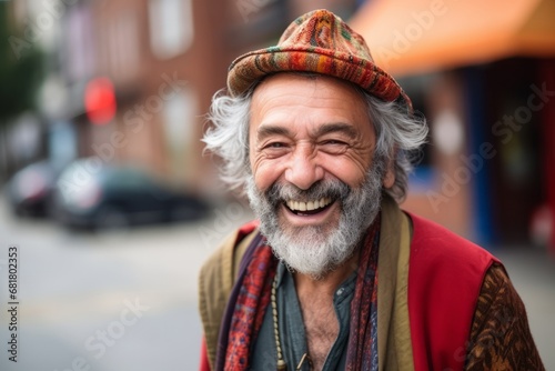 Portrait of a senior man with hat and scarf on the street