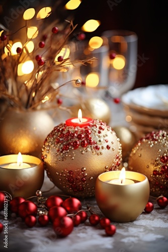 christmas decoration in golden an red rule light natural