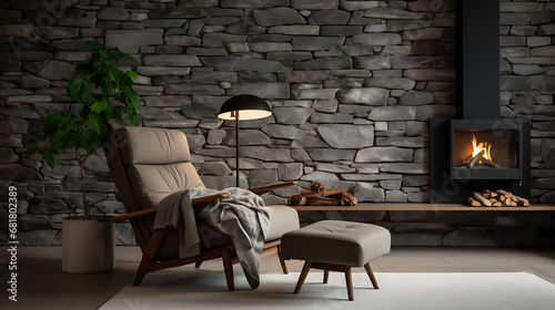 A recliner chair in room with stone wall and fireplace. Mid-century, scandinavian home interior design of modern living room