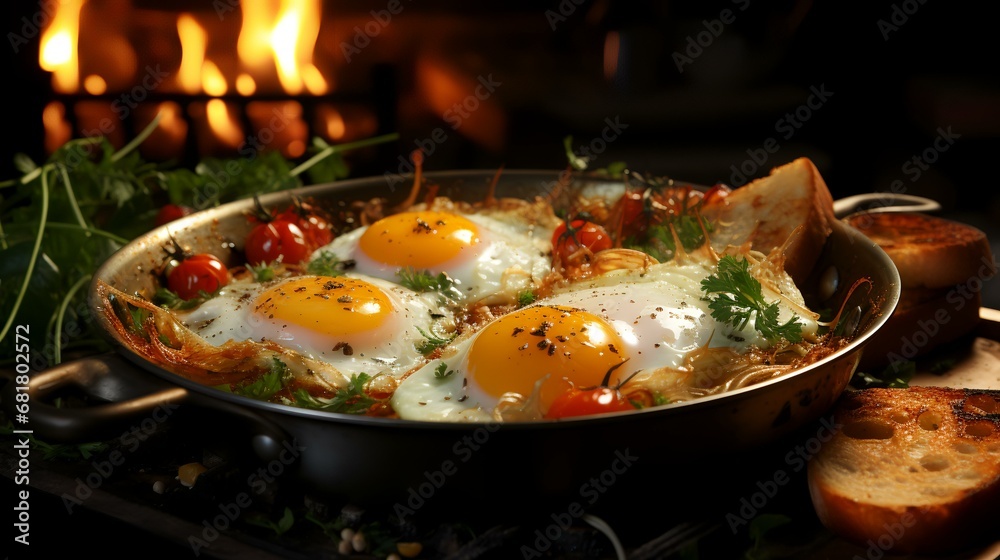 Fried eggs with vegetables in pan on wooden table, closeup
