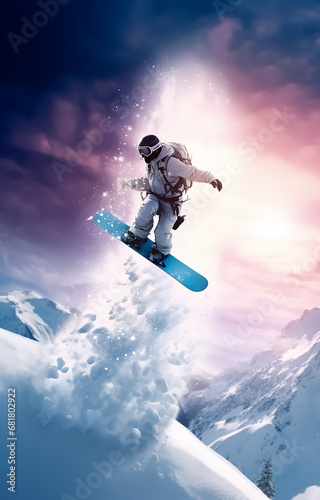 Snowboarder launching off a jump, slitting man on ice mountain flying on air   
