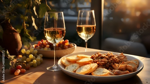 Two glasses of white wine and snacks on a wooden table in a restaurant