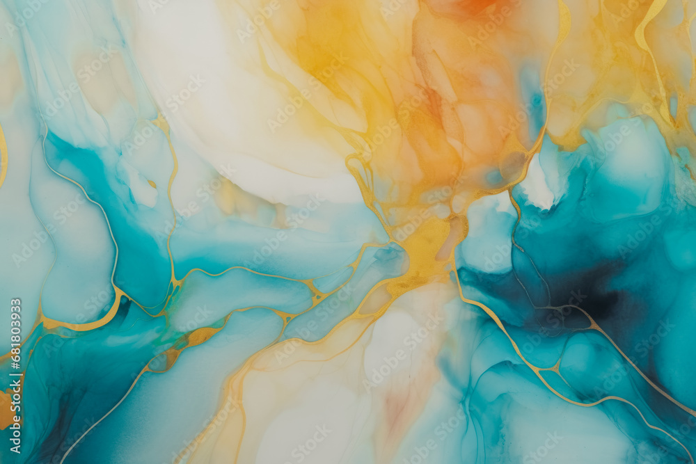 mesmerizing blend of azure, amber, and white hues in a fluid art pattern, creating a peaceful, abstract design.