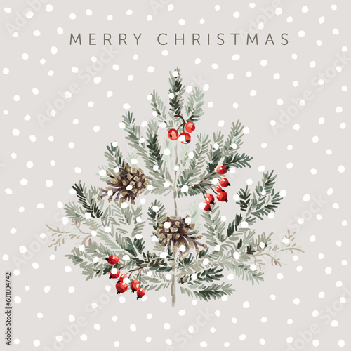 Christmas tree, red berries, cones,  text, snow, beige background. Design template for the card, poster. Vector illustration. Winter holidays. Season greeting