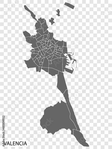 High Quality map of Valencia is the city of Spain, with borders of the districts. Map of Valencia for your web site design, app, UI. EPS10.