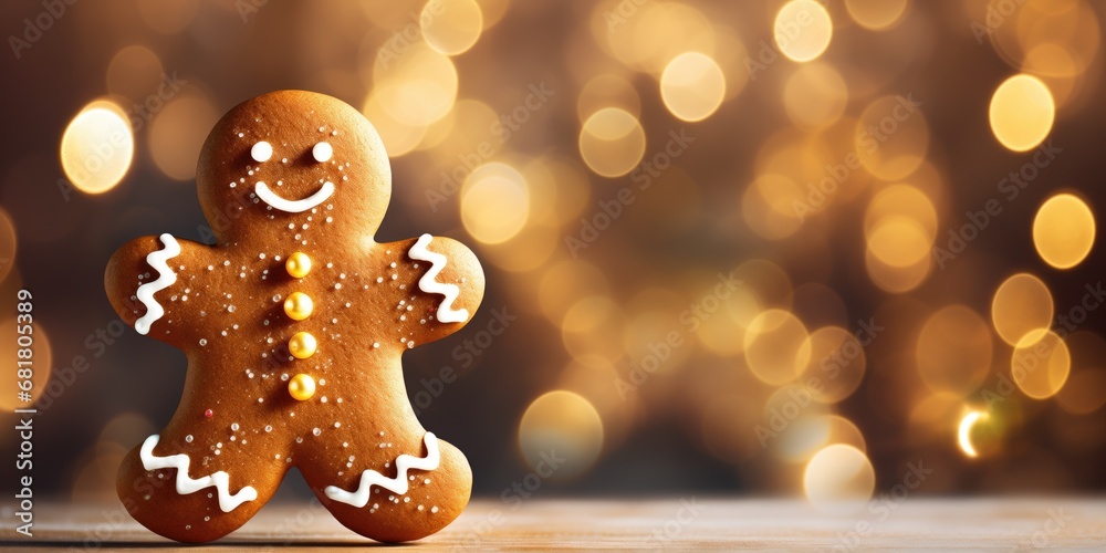 Gingerbread man cookie with smiling face and golden buttons on a table with bokeh lights Gingerbread man cookie with smiling face and golden buttons on a table with bokeh lights