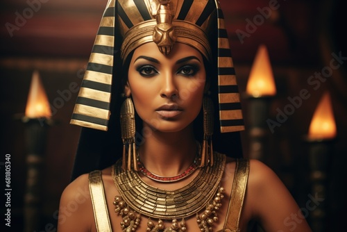 Cinematic shot of Egyptian pharaoh queen Cleopatra with traditional headdress and makeup