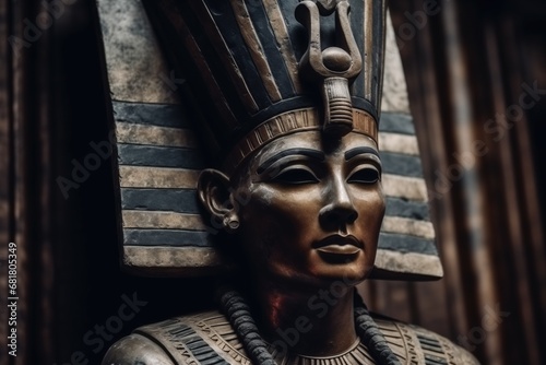 Statue of an Egyptian pharaoh with a headdress in a historic setting with dramatic lighting
