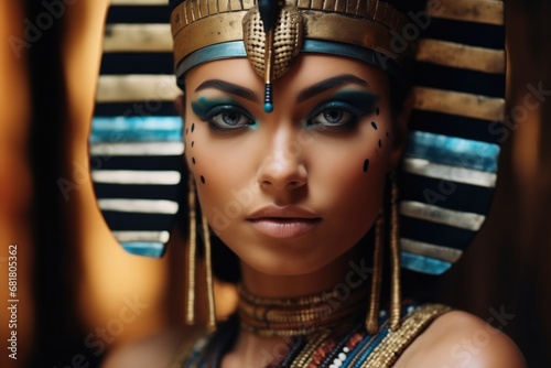 Close-up of a queen Cleopatra in Egyptian makeup and headdress with traditional blue and gold colors
