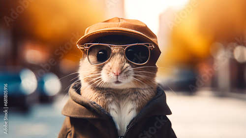 A cute little funny mouse wearing sunglasses and a hat