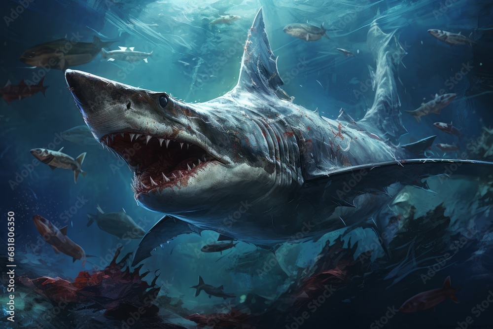 Obraz premium Fierce Hammerhead shark. Marine deep sea. Generate Ai