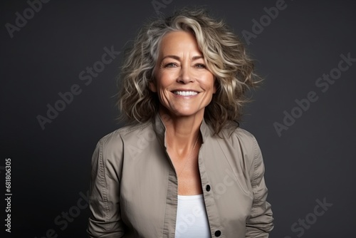 Portrait of a beautiful middle aged woman smiling against a grey background