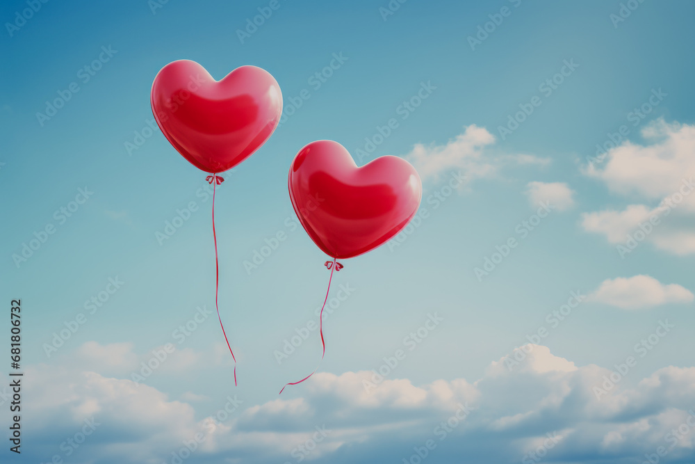 two glossy red heart-shaped balloons floating against a clear blue sky with puffy white clouds.