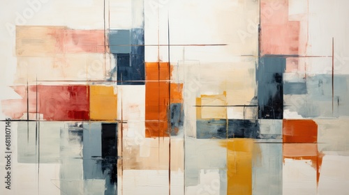 Abstract painting with orange, blue and yellow squares.