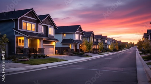 A picturesque row of houses bathed in the warm hues of a sunset, creating a serene and captivating scene.
