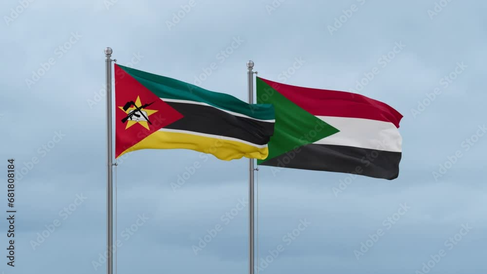 Sudan and Mozambique flag waving together on cloudy sky, endless seamless loop, two country cooperation concept Sudan and Mozambique flag waving together on cloudy sky, endless seamless loop, two country cooperation concept