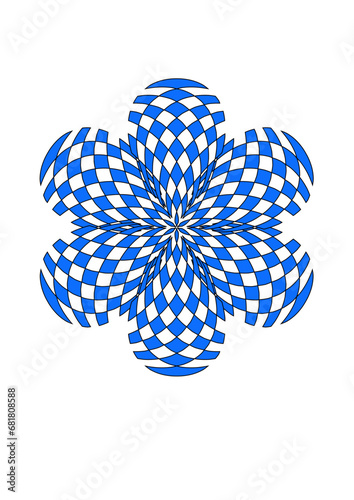 blütenförmige rosette mit 6 blütenblättern aus blauem rautenmuster, modernes abstraktes design, 3D,