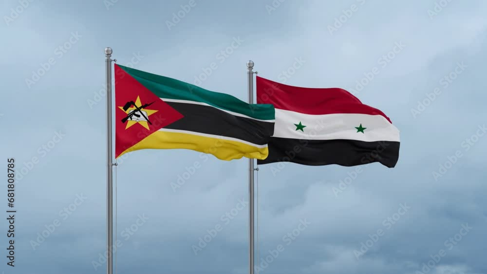 Syrian Arab Republic, Syria and Mozambique flag waving together on cloudy sky, endless seamless loop, two country cooperation concept Syrian Arab Republic, Syria and Mozambique flag waving together on cloudy sky, endless seamless loop, two country cooperation concept