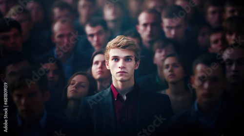 A man standing in a crowd of people, looking ahead.