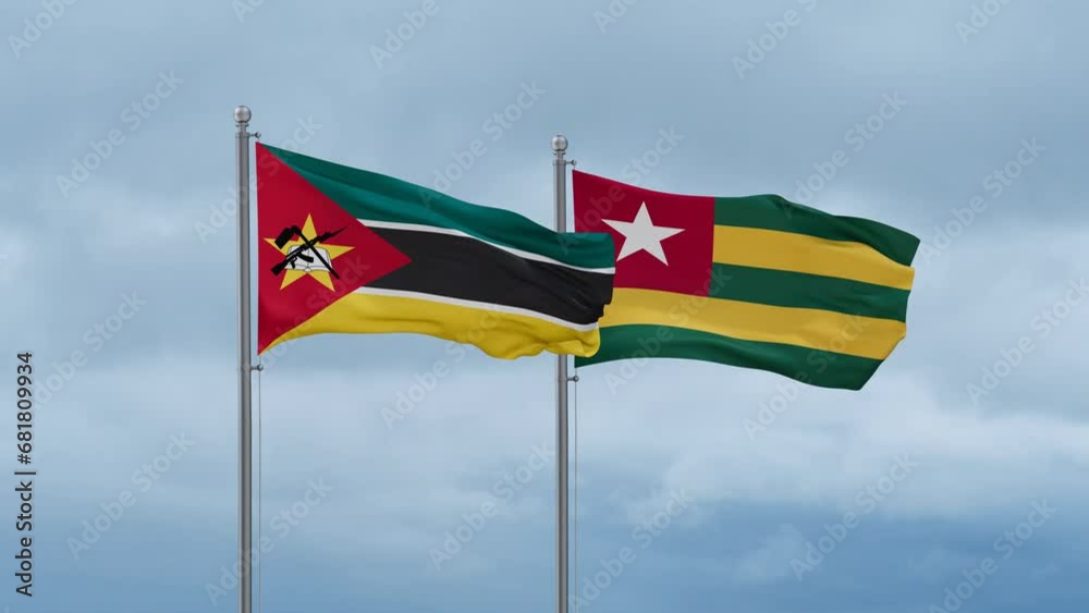 Togo, Togolese Republic and Mozambique flag waving together on cloudy sky, endless seamless loop, two country cooperation concept Togo, Togolese Republic and Mozambique flag waving together on cloudy sky, endless seamless loop, two country cooperation concept