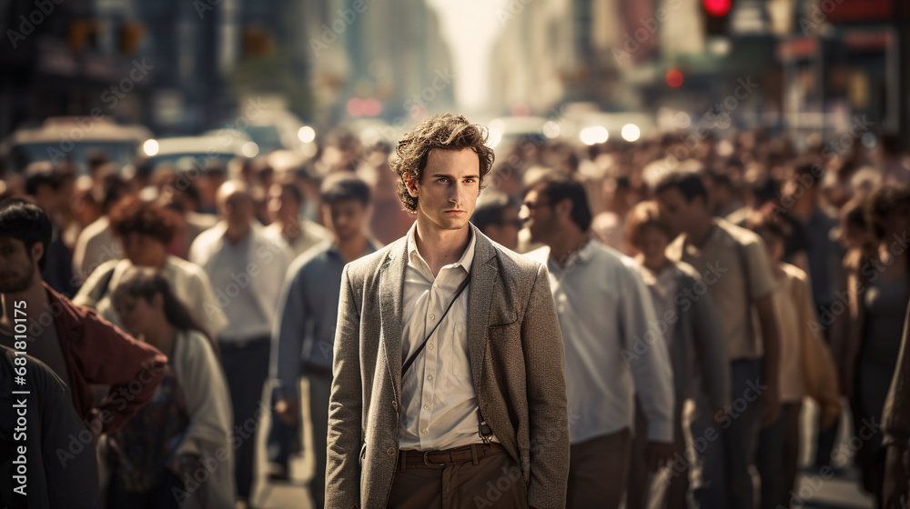 A young man stands in the middle of crowded street. Alone man standing still on a busy street with people walking past