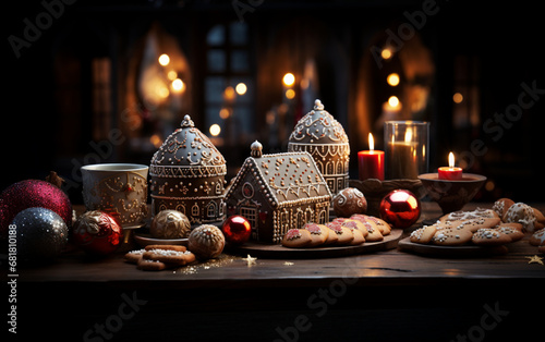światła i dekoracje bożonarodzeniowe, pierniki lukrowane na ozdobionym stole