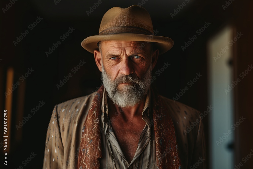 Portrait of an old man in a hat and a shirt.