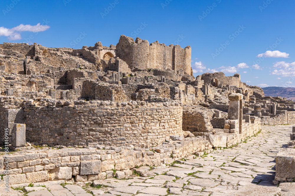 Building remains at the Roman ruins of Dougga, Tunisia.