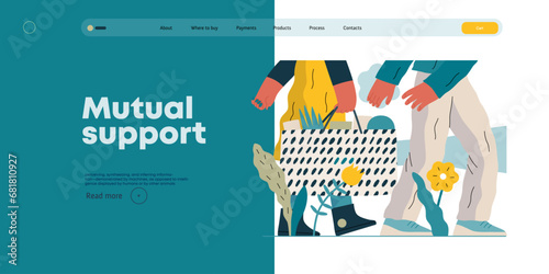 Mutual Support: Helping carry a heavy bag -modern flat vector concept illustration of a woman carrying shopping bag being assisted by man. Metaphor of voluntary, collaborative exchanges of services