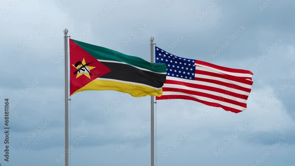USA and Mozambique flag waving together on cloudy sky, endless seamless loop, two country cooperation concept USA and Mozambique flag waving together on cloudy sky, endless seamless loop, two country cooperation concept