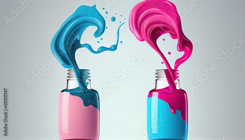 pink blue liquid nail polish splash form bottle 3d rendering clipping path fashion paint female manicure colours beauty spill drip make-up enamel glamour care background shiny style pour isolated photo